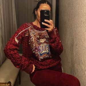 Kenzo / cable knit embroidered Claw Tiger Sweater in red blue small 4